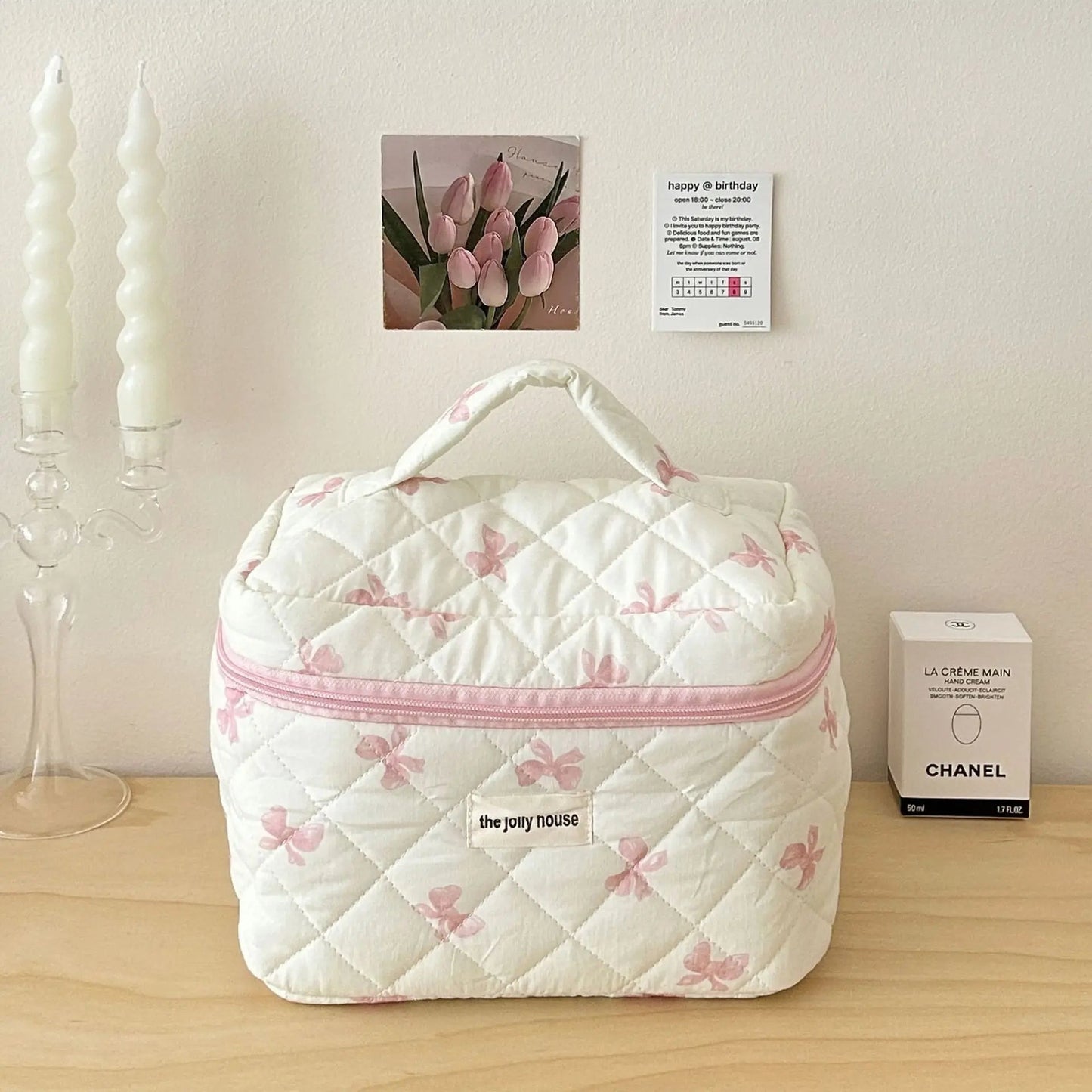 Cute Bow Flower Quilting Cotton Makeup Bag Women Zipper Cosmetic Organizer Female Cloth Handbag Portable Toiletry Case for Girls