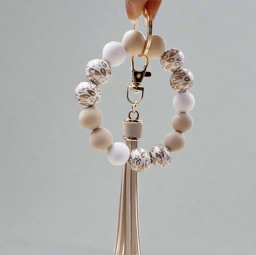 Leopard Print Wristlet Keychain Beige & Soft Gold