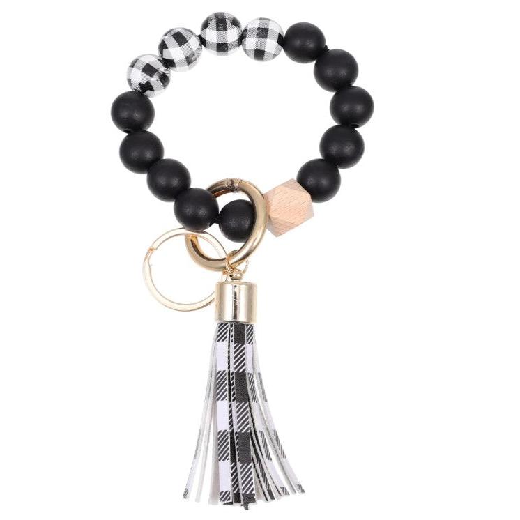 Plaid Black White Wristlet Keychain Bracelet