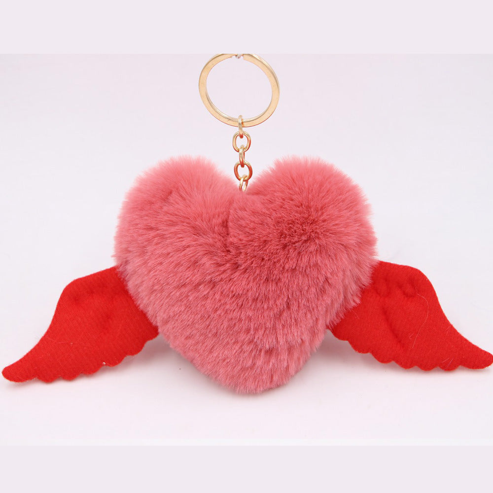 Heart Wings Wool Ball Keychain