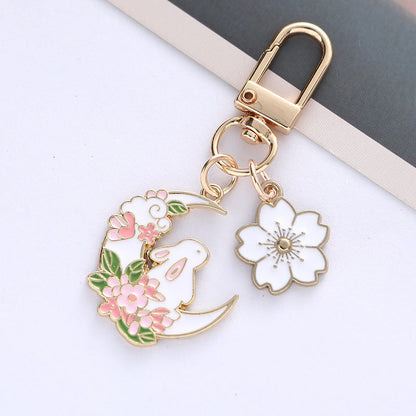 Cute Moon Rabbit Cherry Blossom Keychain