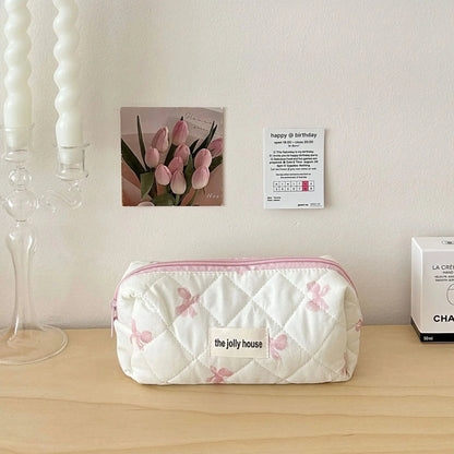 Cute Bow Flower Quilting Cotton Makeup Bag Women Zipper Cosmetic Organizer Female Cloth Handbag Portable Toiletry Case for Girls