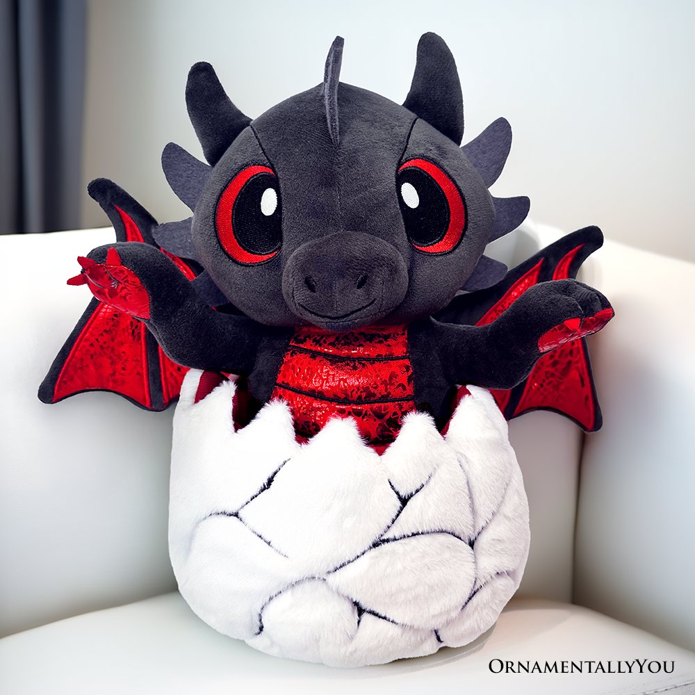 Drogo the Dino in an Egg Plushie – 12" Black & Red Dinosaur Plush