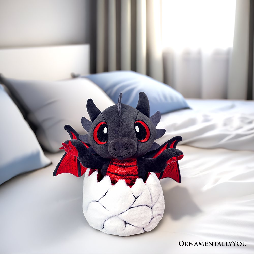 Drogo the Dino in an Egg Plushie – 12" Black & Red Dinosaur Plush