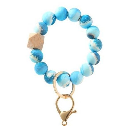 Blue Marble Keychain Bracelet Beaded Wristlet Silicone