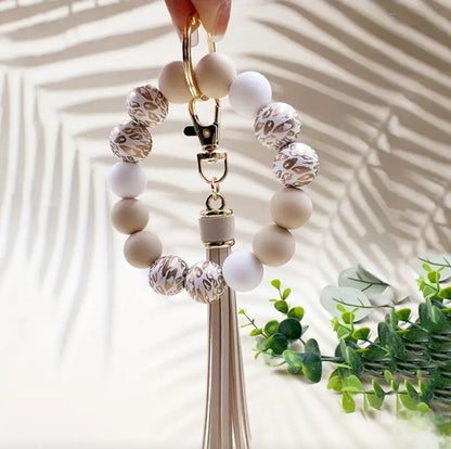 Leopard Print Wristlet Keychain Beige & Soft Gold