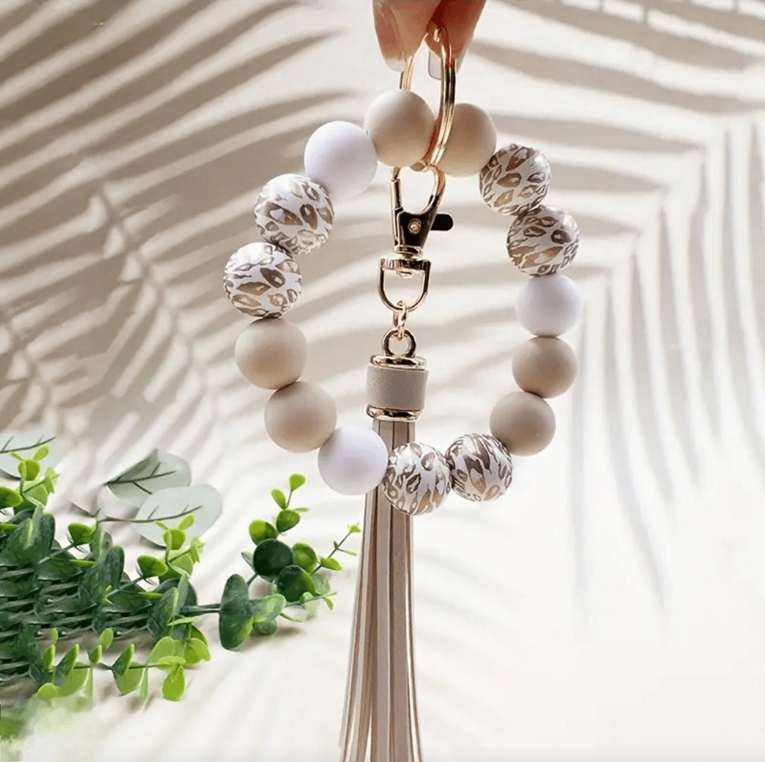 Leopard Print Wristlet Keychain Beige & Soft Gold