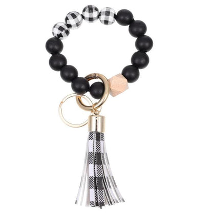 Plaid Black White Wristlet Keychain Bracelet